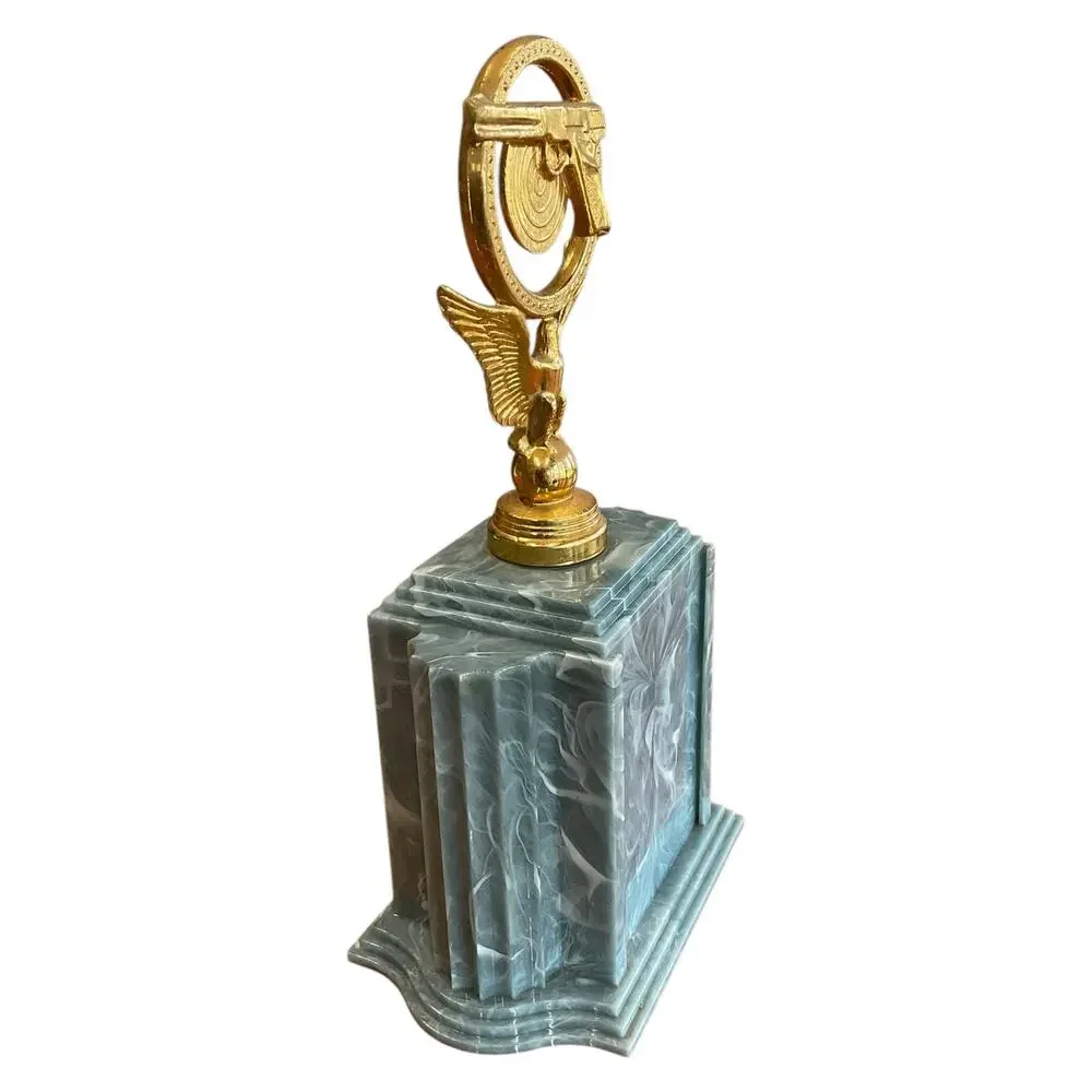 Vintage Blue Swirl‎ Shooting Trophy with Pistol and Target Gold Topper